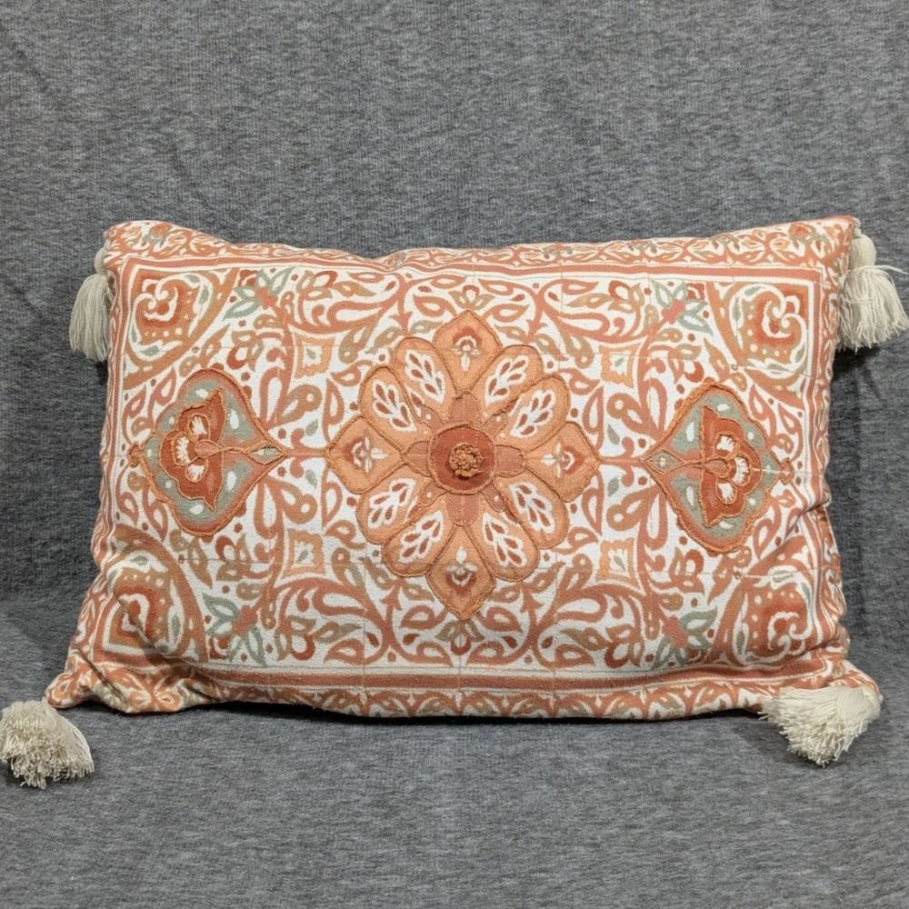 Boho Embroidered Suzani Lumbar Pillow Terracotta Floral Medallion Tassel 18x12